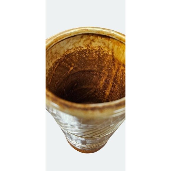 Vintage 1979 FTDA USA Brown Ceramic Textured Vase With Carved Chevron Design - Picture 8 of 9